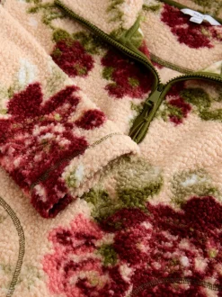 Pink Floral Print Soft Touch Cosy Teddy Borg Quarter Zip Fleece