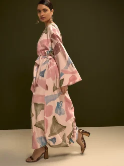 Pink Floral Print V-Neck 3/4 Length Sleeve Maxi Kaftan Dress