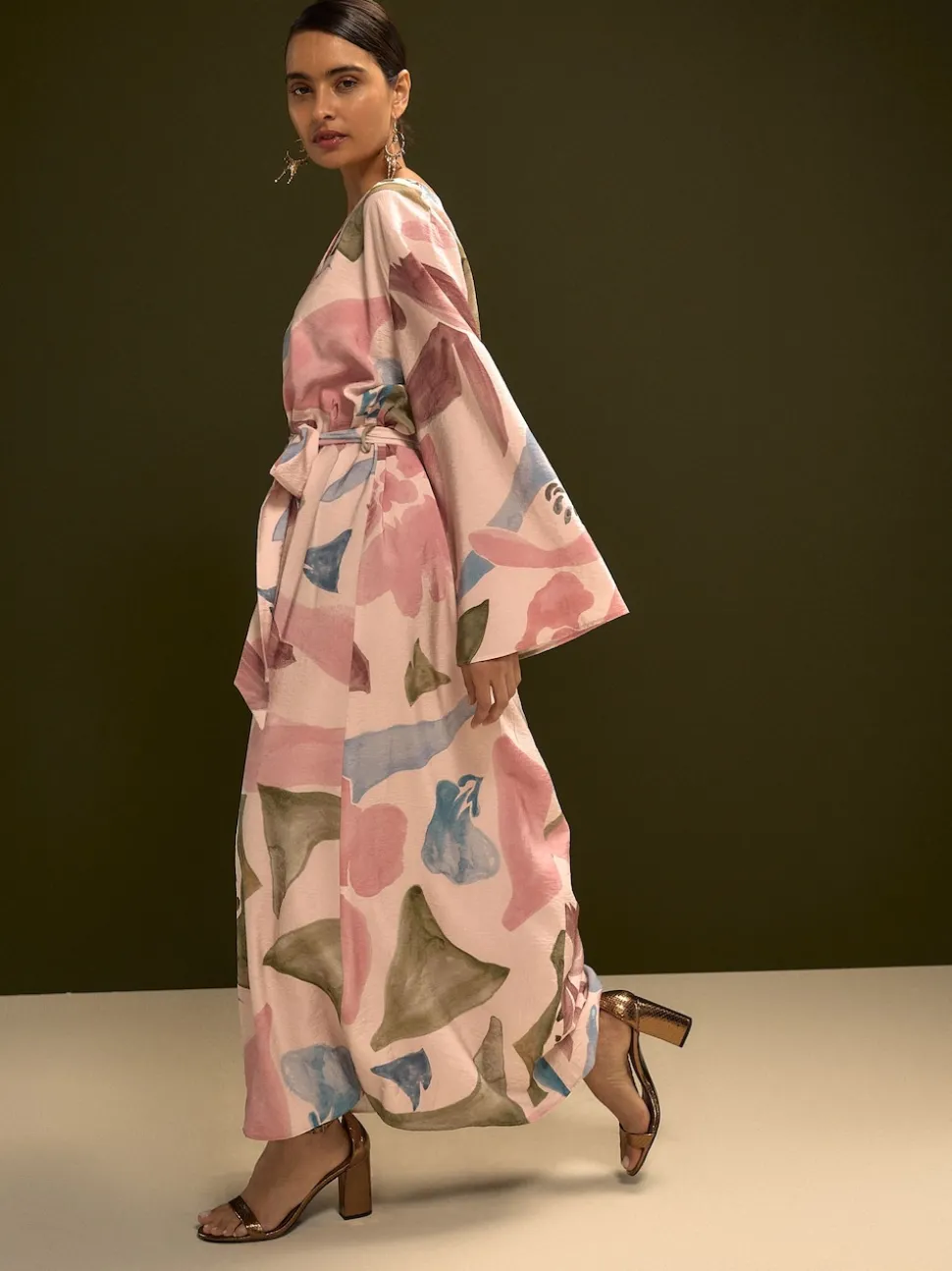Pink Floral Print V-Neck 3/4 Length Sleeve Maxi Kaftan Dress