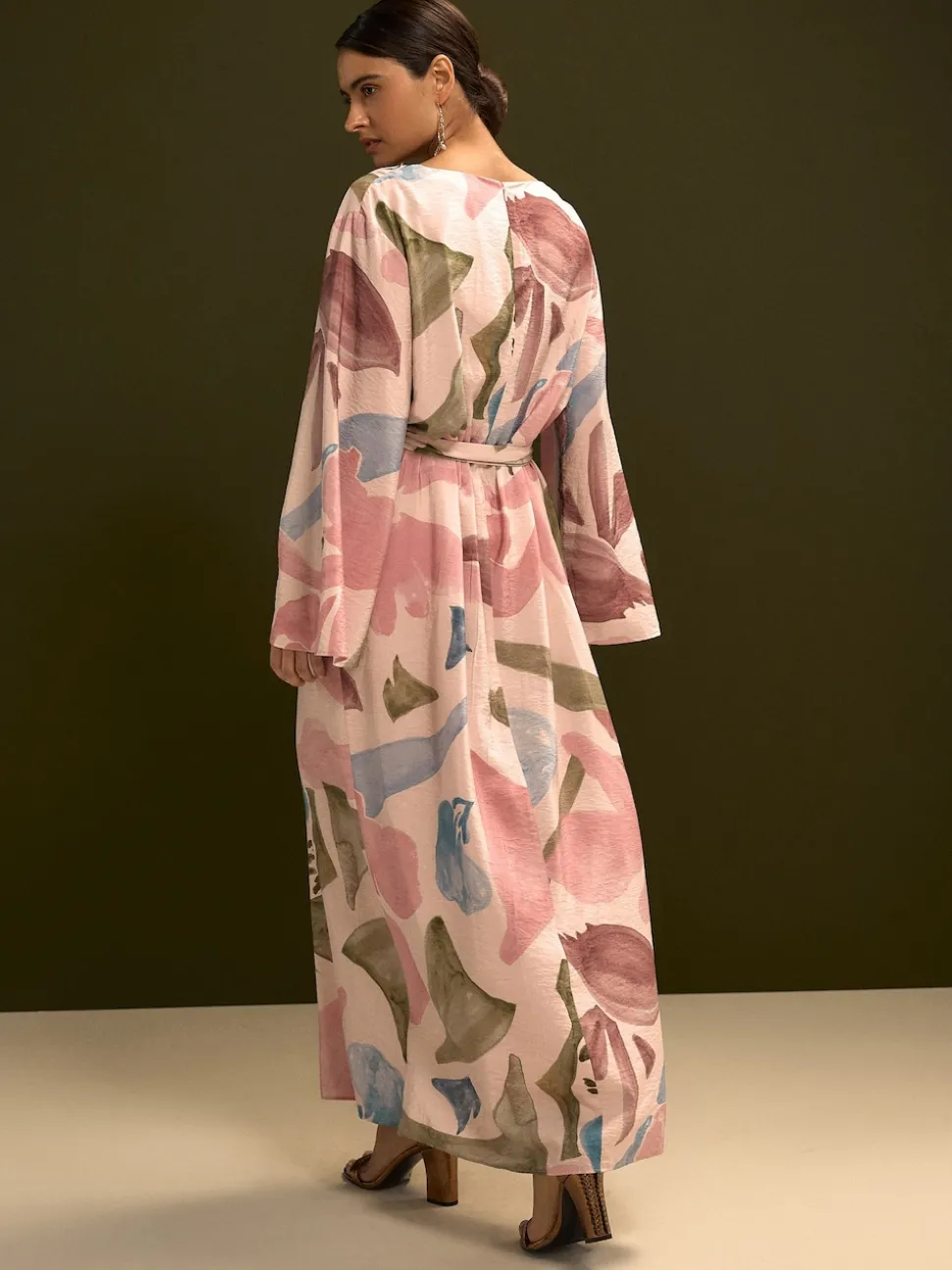 Pink Floral Print V-Neck 3/4 Length Sleeve Maxi Kaftan Dress