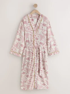 Pink Floral Viscose/Linen Blend Dressing Gown