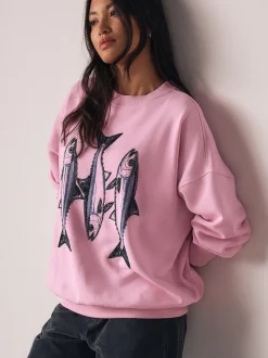 Pink Graphic Beaded Fish Graphic Sweatshirt