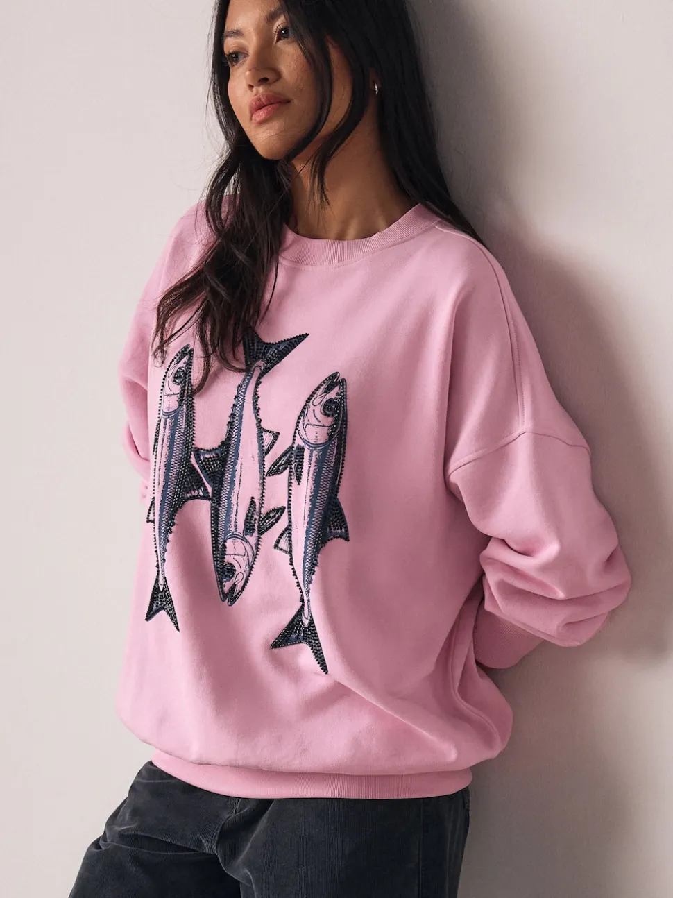 Pink Graphic Beaded Fish Graphic Sweatshirt