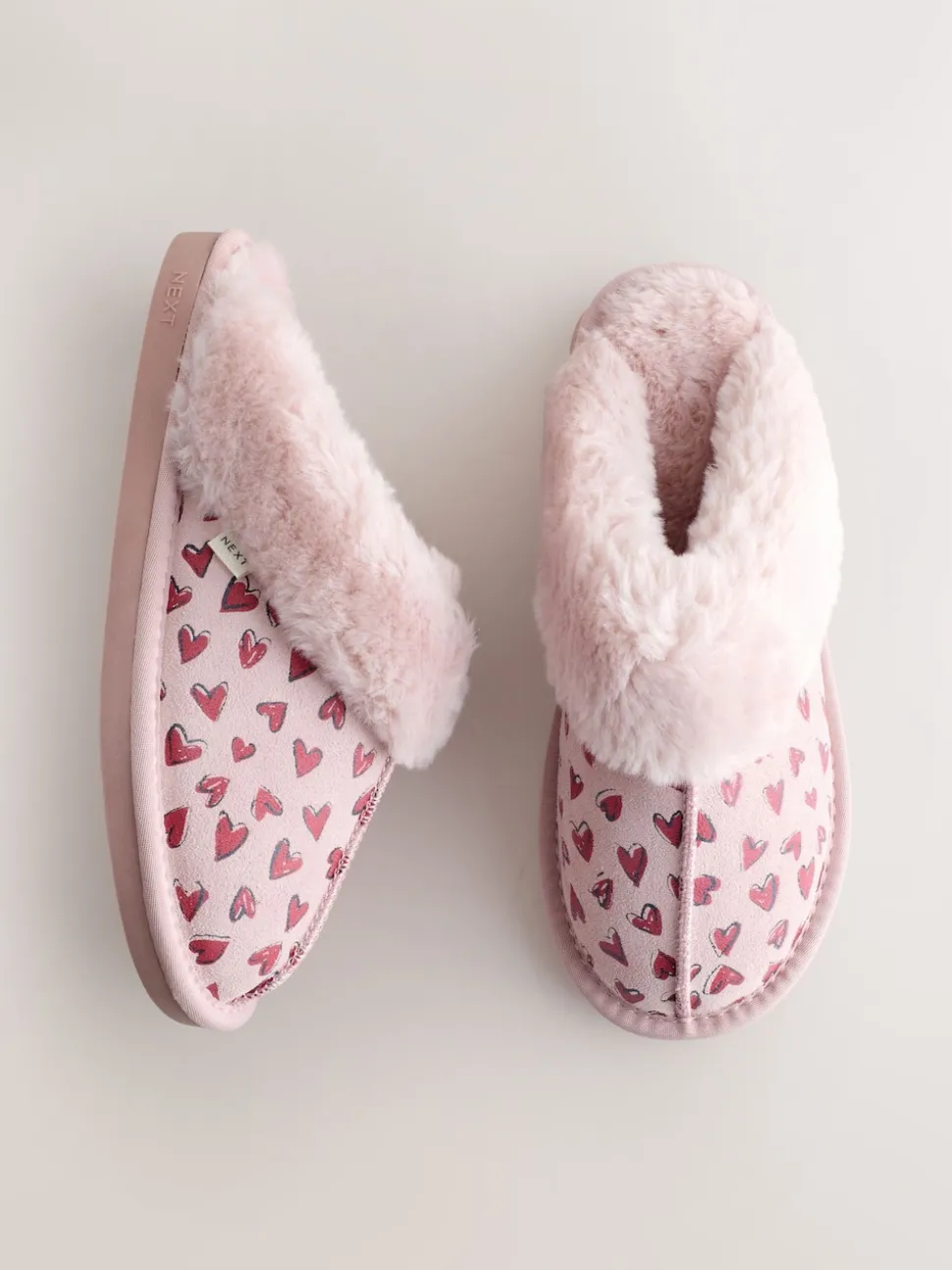 Pink Heart Faux Fur Lined Suede Mule Slippers