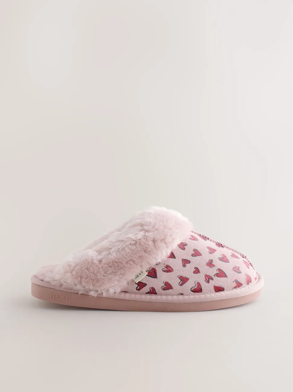 Pink Heart Faux Fur Lined Suede Mule Slippers