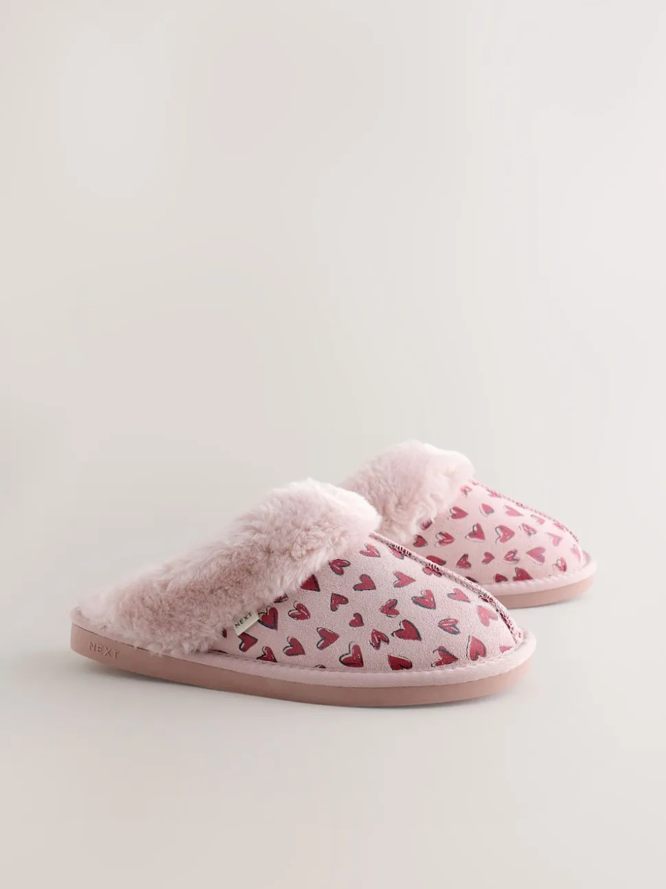 Pink Heart Faux Fur Lined Suede Mule Slippers