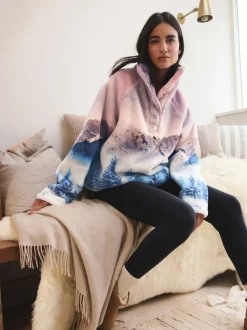 Pink Mountain Scene Printed Borg Fleece Top