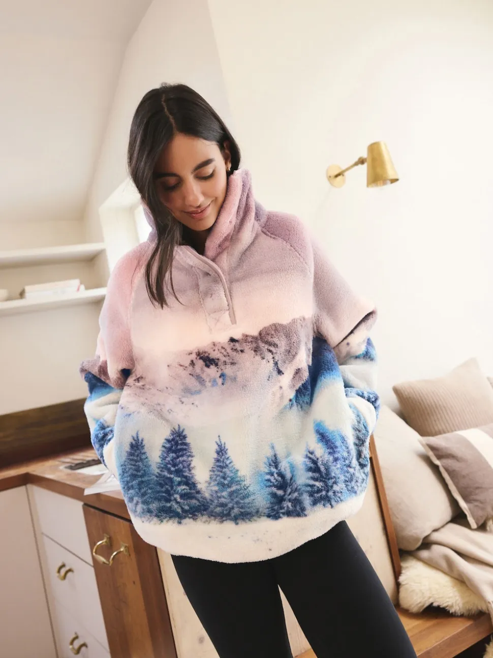 Pink Mountain Scene Printed Borg Fleece Top