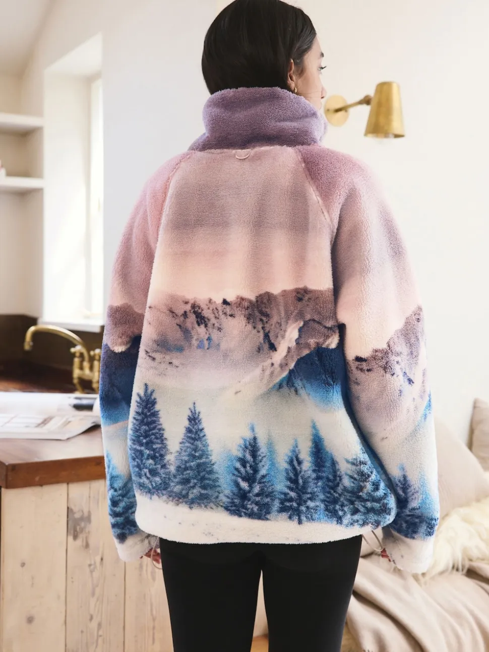 Pink Mountain Scene Printed Borg Fleece Top