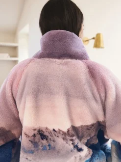 Pink Mountain Scene Printed Borg Fleece Top