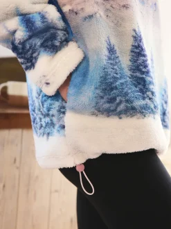 Pink Mountain Scene Printed Borg Fleece Top
