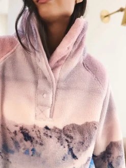 Pink Mountain Scene Printed Borg Fleece Top