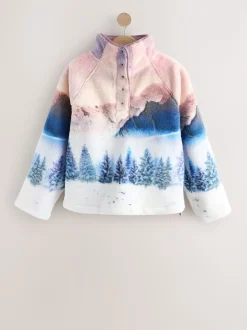 Pink Mountain Scene Printed Borg Fleece Top