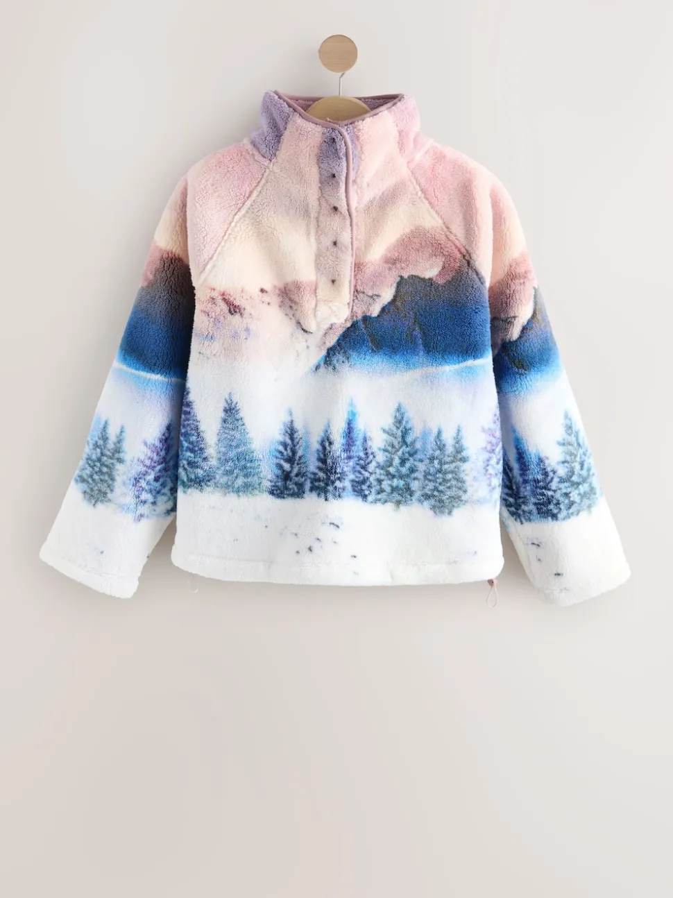 Pink Mountain Scene Printed Borg Fleece Top