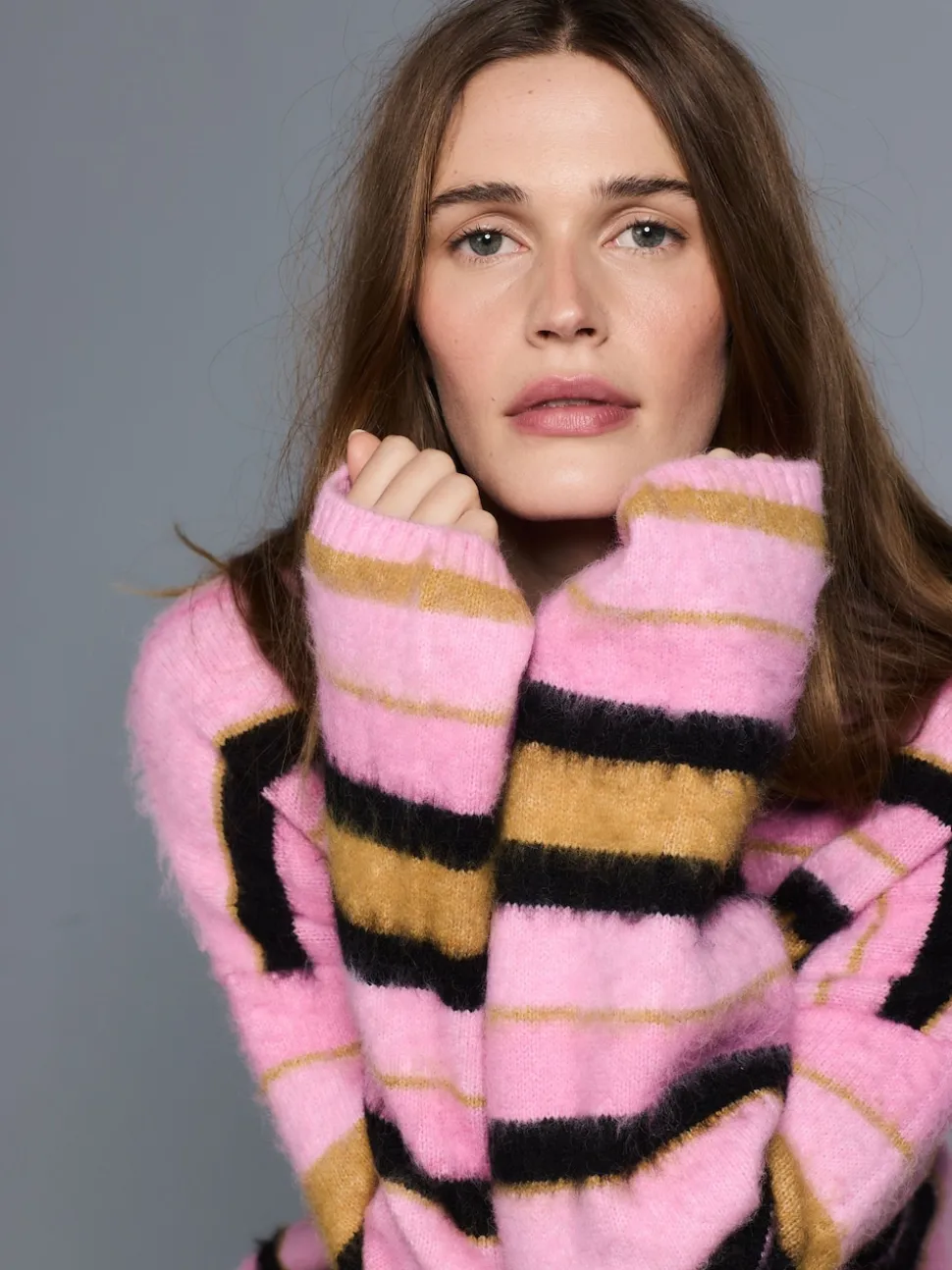 Pink Multi Stripe Brushed Knit Hooded Jumper