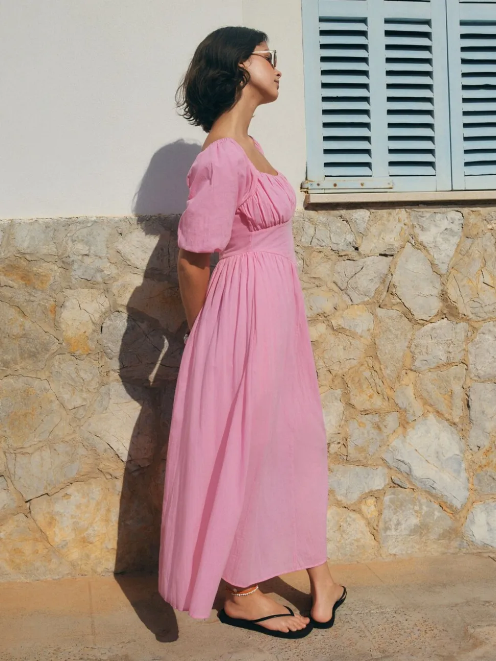 Pink Puff Sleeve Midi Dress