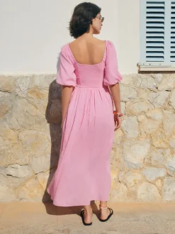 Pink Puff Sleeve Midi Dress