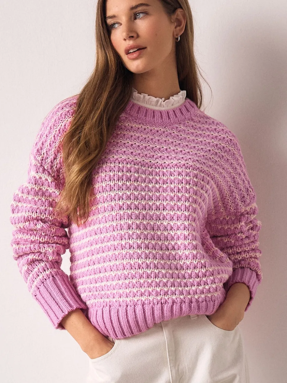 Pink Stitchy Knit Pie Collar Layer Jumper