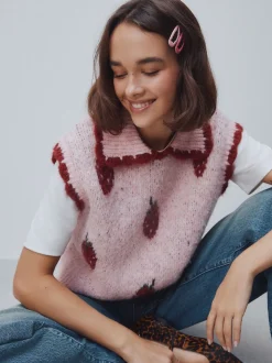 Pink Strawberry Sleeveless Knitted Tank Top With Wool