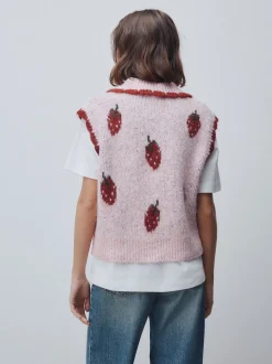 Pink Strawberry Sleeveless Knitted Tank Top With Wool