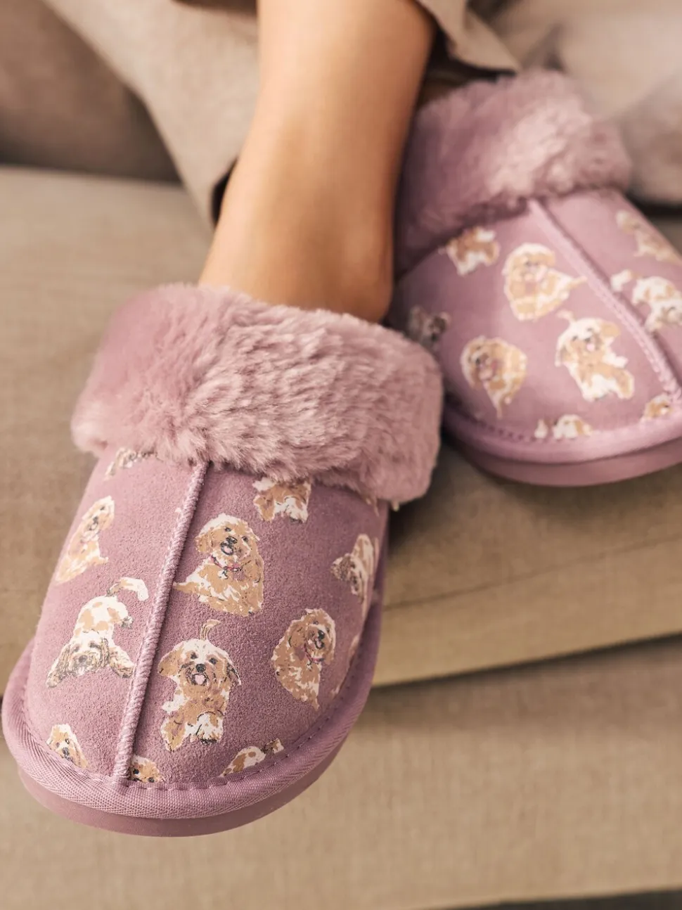 Pink Suede Mule Charlie Cockapoo Faux Fur Slippers