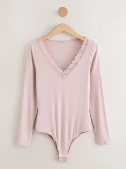 Pink Thermal Base Layer Lace Trim Bodysuit