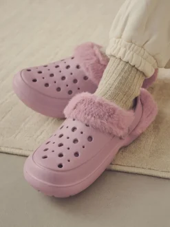 Pink Womens Faux Fur Lined Clogs Slippers