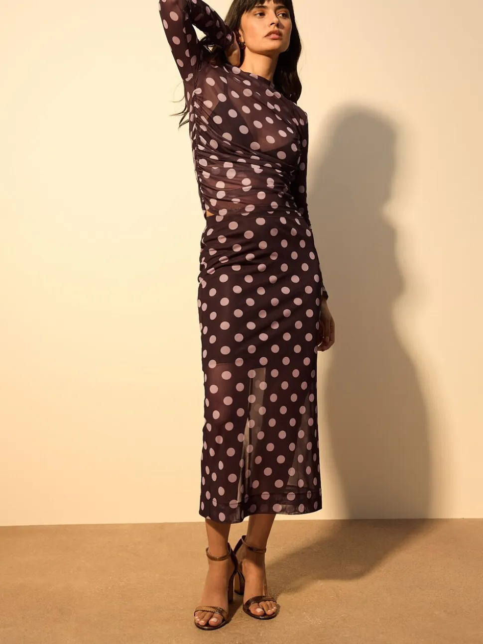 Pink/Brown Polka Dot Mesh Midi Pencil Skirt