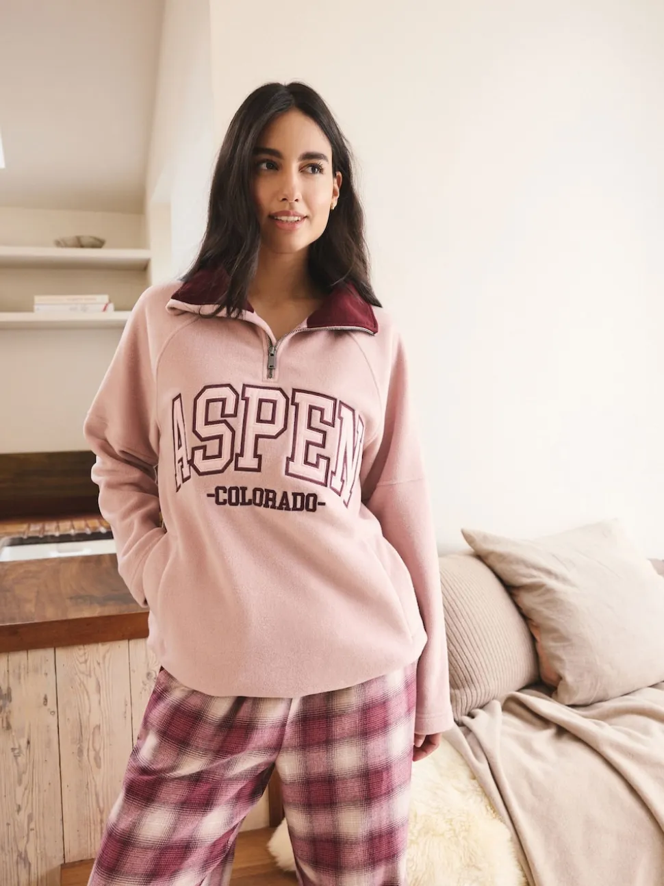 Pink/Burgundy Red Half Zip Graphic Fleece