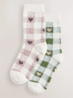 Pink/Green Heart Gingham Superhairy Cosy Socks 2 Pack
