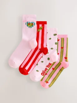 Pink/Green 'Olive You' Ankle Socks 4 Pack