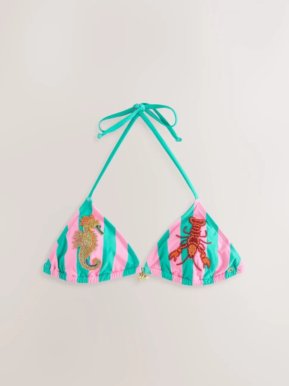 Pink/Green Stripe Beaded Embellished Triangle Bikini Top