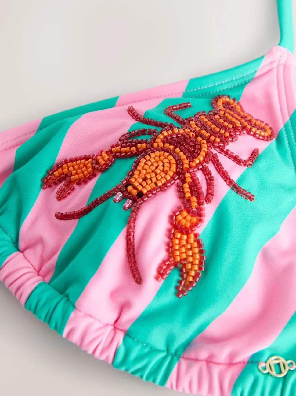 Pink/Green Stripe Beaded Embellished Triangle Bikini Top