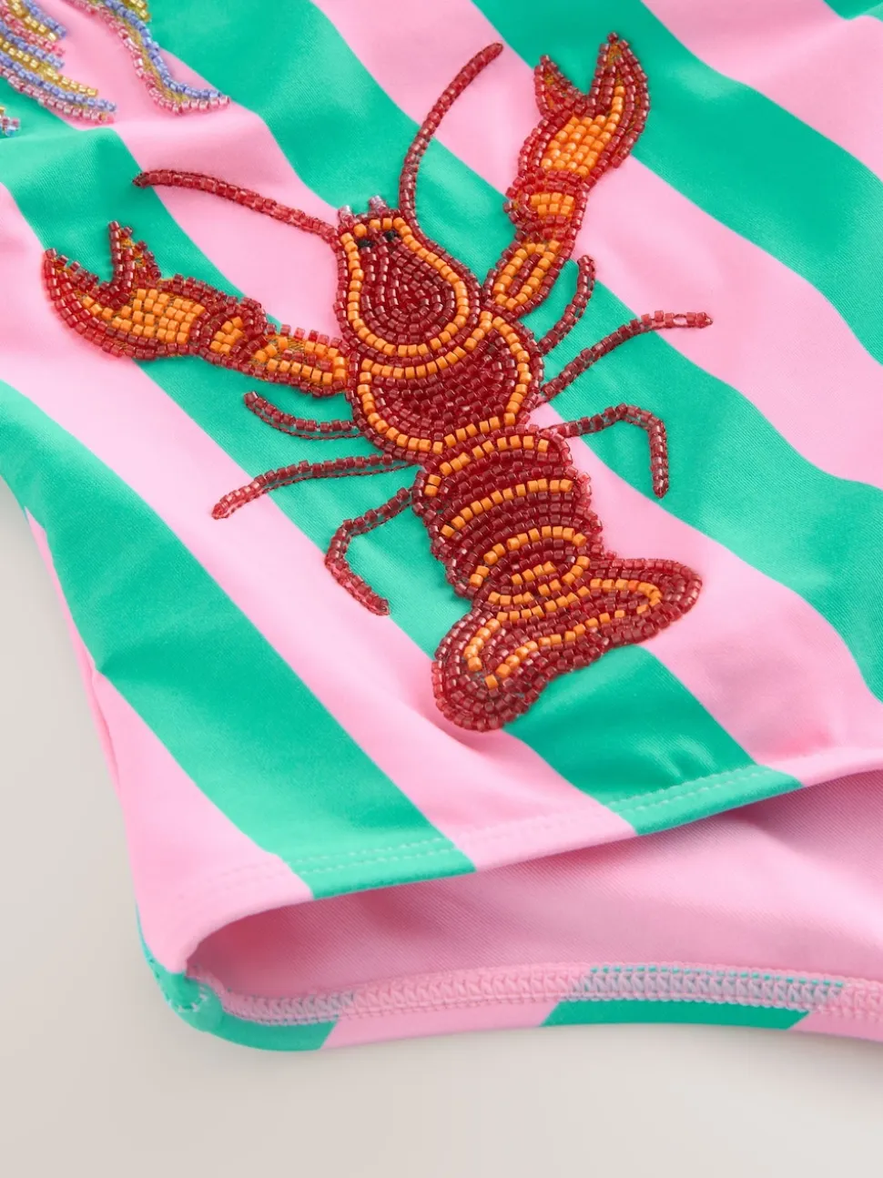 Pink/Green Stripe Beaded Embellished Tummy Control Scoop Swimsuit