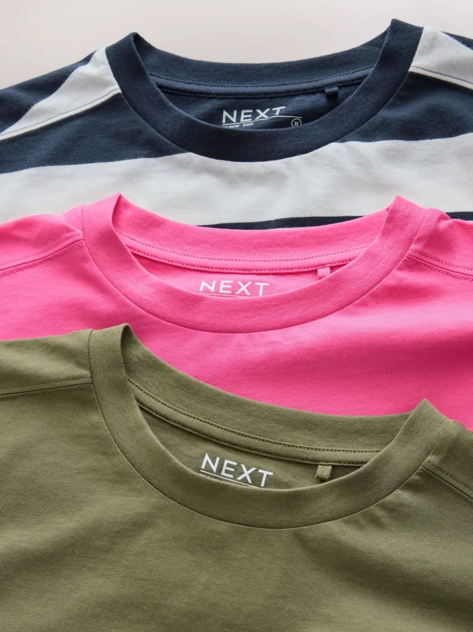 Pink/Khaki/Stripe Elbow Length Crew Neck 100% Cotton T-Shirts 3 Pack