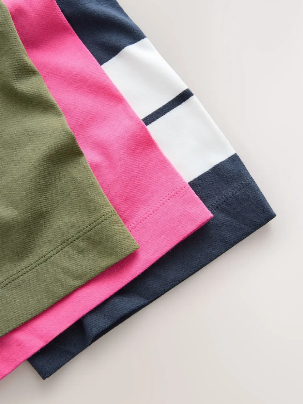 Pink/Khaki/Stripe Elbow Length Crew Neck 100% Cotton T-Shirts 3 Pack