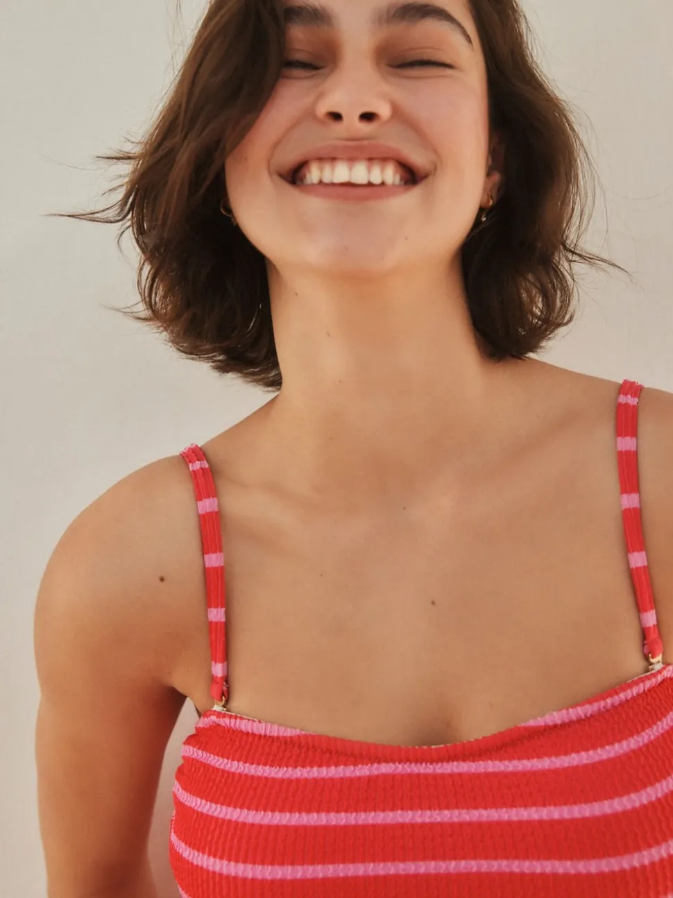 Pink/Red Stripe Crinkle Pull On Bandeau Tankini Top