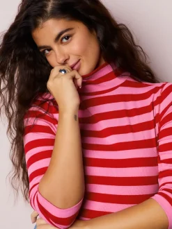 Pink/Red Striped Ribbed High Neck Long Sleeve T-Shirt