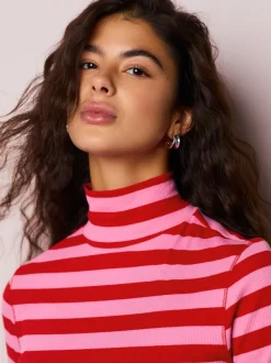 Pink/Red Striped Ribbed High Neck Long Sleeve T-Shirt