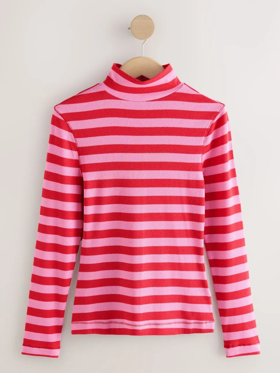 Pink/Red Striped Ribbed High Neck Long Sleeve T-Shirt