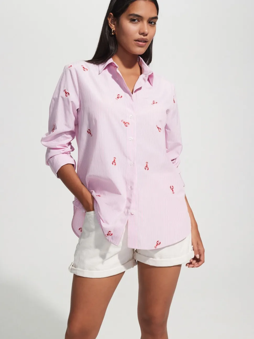 Pink/White Stripe Lobster Embroidered Long Sleeve Shirt