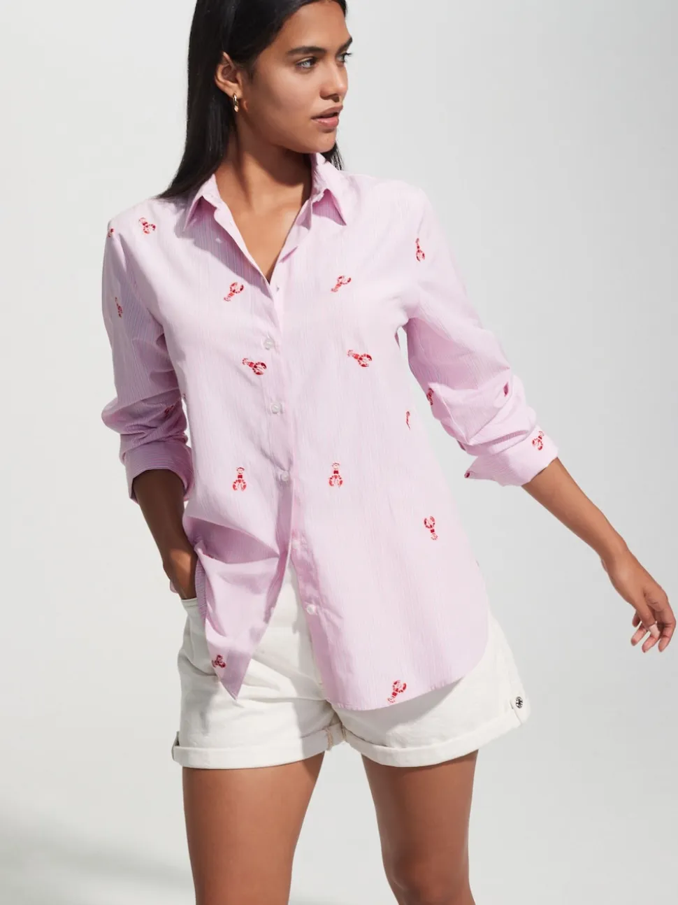 Pink/White Stripe Lobster Embroidered Long Sleeve Shirt