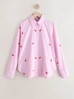 Pink/White Stripe Lobster Embroidered Long Sleeve Shirt