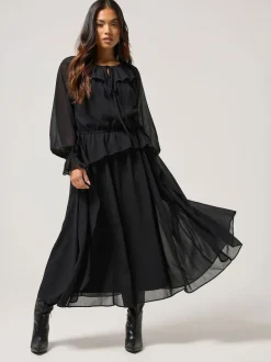 PixieGirl Petite Black Frill Tie Waist Dress