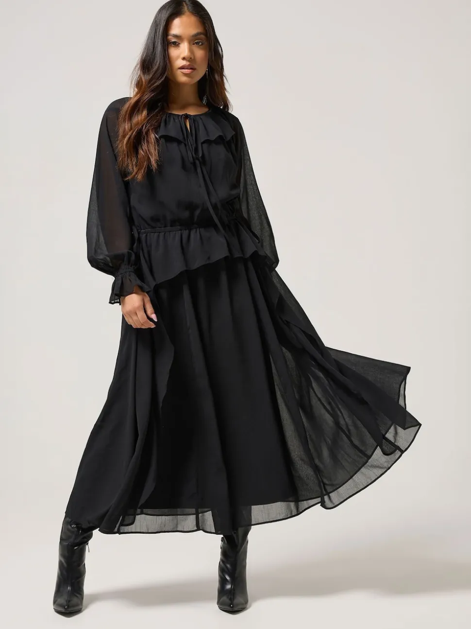 PixieGirl Petite Black Frill Tie Waist Dress