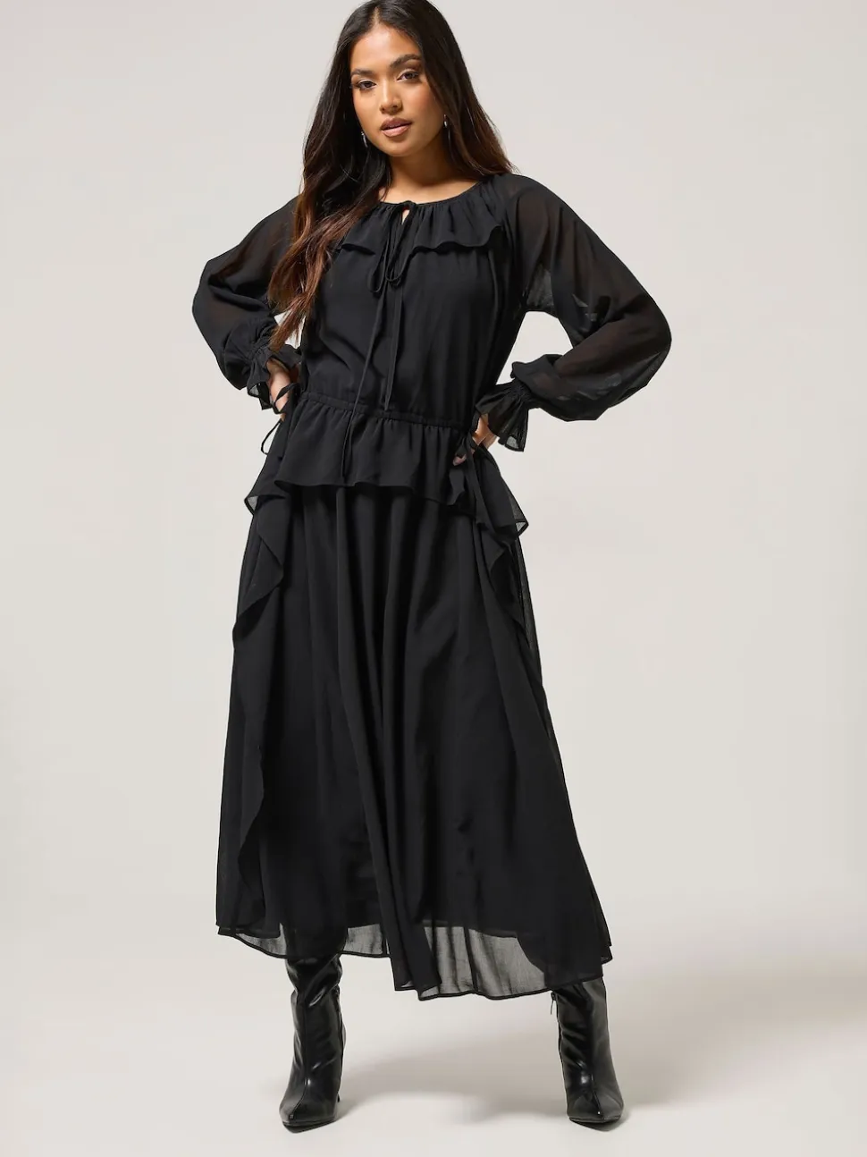 PixieGirl Petite Black Frill Tie Waist Dress