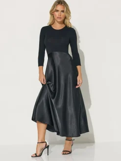 PixieGirl Petite Black Long Sleeve Mixed Satin Skirt Maxi Dress