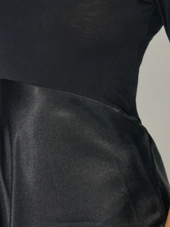 PixieGirl Petite Black Long Sleeve Mixed Satin Skirt Maxi Dress