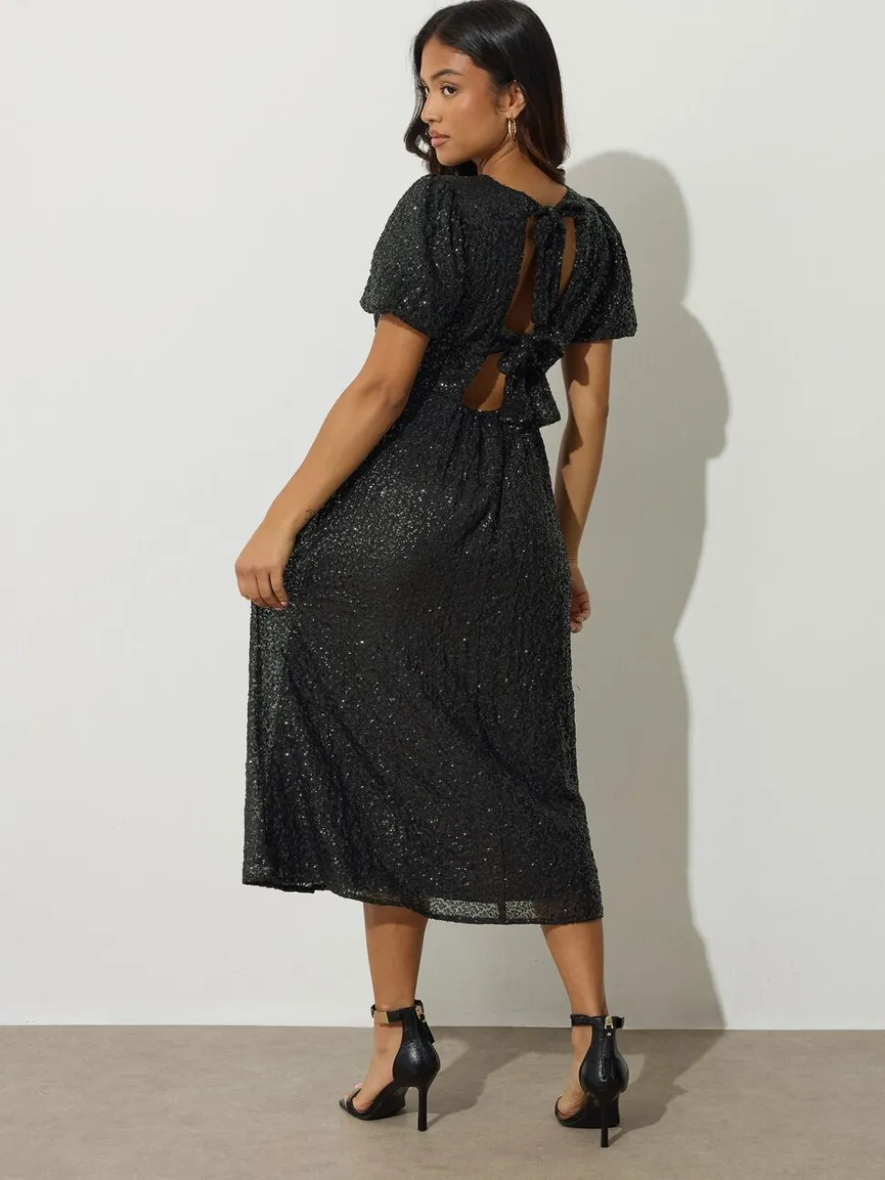 PixieGirl Petite Black Tie Back Sequin Midi Dress