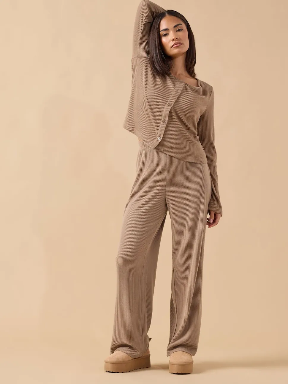 PixieGirl Petite Brown Ribbed Wide Leg Joggers